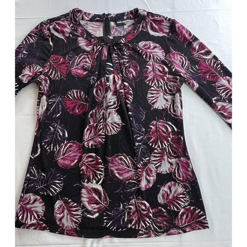 Karl Lagerfeld Womens Floral Print Back Zip Pleated Round Neck 3/4 Sleeve Top S